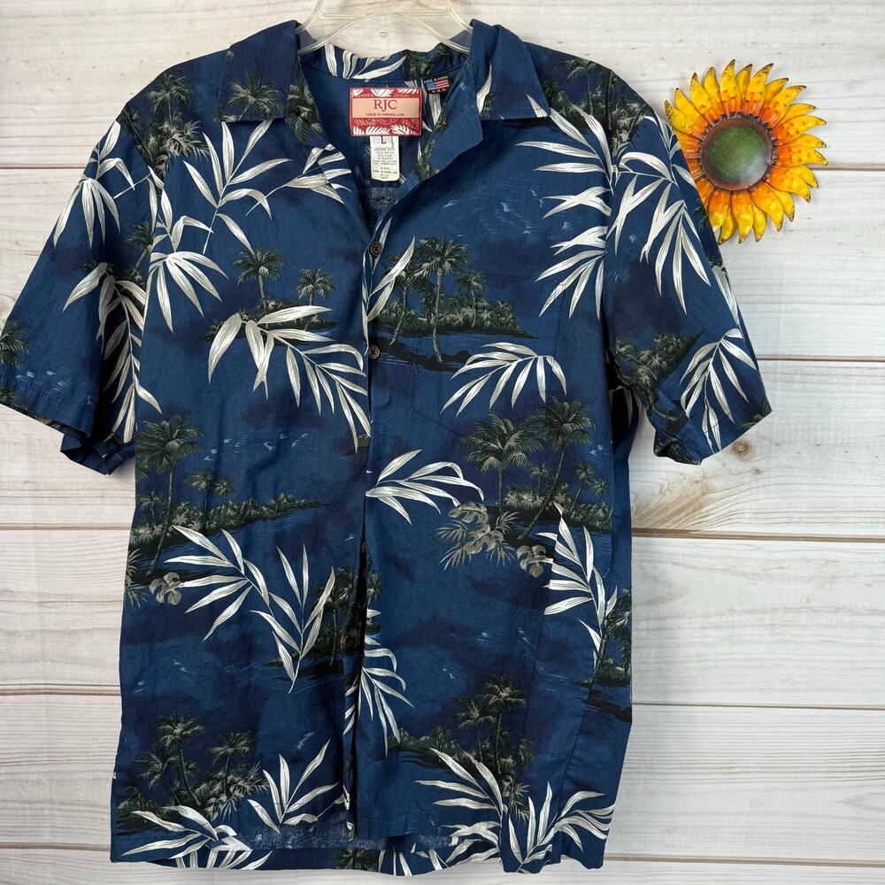 RJC Hawaiian Shirt Men's‎ Large Tropical Palm Tree Aloha Button Up Made in USA